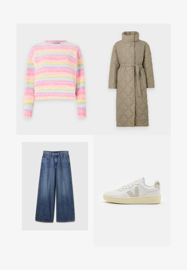 Dlhý taupe prešívaný kabát s vysokým golierom a opaskom z rovnakého materiálu viazaným v páse, so štepovaním vlnkového vzoru po celej ploche.; Pestrý pruhovaný sveter s ružovými, modrými a pastelovými žltými odtieňmi, s jemným, textúrovaným povrchom a okrúhlym výstrihom.; Džíny s širokými nohavicami v modrej farbe s vyblednutým povrchom, s gombíkom a zipsom, piatimi vreckami a pútkami na opasok.; Biele kožené tenisky s béžovými semišovými akcentmi, perforovanou špičkou, plochými šnúrkami a textúrovanou krémovou podrážkou. Obsahujú jemné označenie na päte.