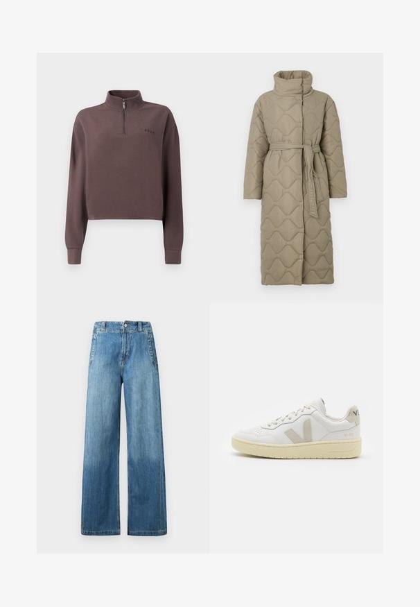 Cappotto lungo color taupe trapuntato con alto colletto e cintura in tessuto abbinato legata in vita, caratterizzato da cuciture a motivo ondulato in tutto il capo.; Pullover accorciato a maniche lunghe in tessuto ribbed color malva scuro con zip a quarto di giro e un piccolo logo del marchio sul petto. Texture morbida.; Jeans a gamba larga in denim azzurro chiaro con vita alta, dotati di due tasche frontali, passanti per cintura e una leggera texture sbiadita.; Sneaker in pelle bianca con dettagli in suede beige, punta perforata, lacci piatti e suola testurizzata color crema. Presenta un logo discreto sul tallone.