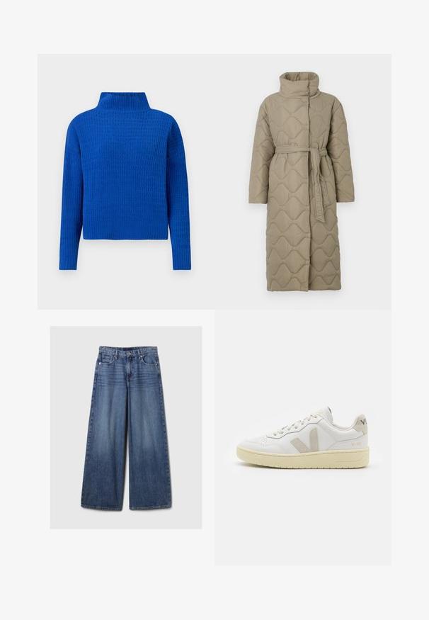 Abrigo largo en tono topo, acolchado, con cuello alto y cinturón de tela a juego atado en la cintura, que presenta un diseño de costura en patrón de olas en toda su superficie.; Suéter de punto azul con cuello alto, que presenta un diseño texturizado y con patrón, y mangas largas; ajuste corto con dobladillo acanalado.; Jeans de mezclilla azul de pierna ancha con un acabado desgastado, que cuentan con un cierre de botón y cremallera, cinco bolsillos y cinturas.; Zapatilla de piel blanca con acentos de ante beige, caja de puntera perforada, cordones planos y suela texturizada en color crema. Cuenta con un branding sutil en el talón.