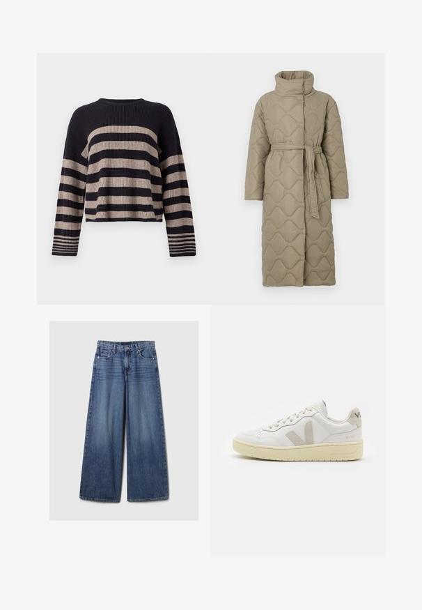 Dlhý taupe prešívaný kabát s vysokým golierom a opaskom z rovnakého materiálu viazaným v páse, so štepovaním vlnkového vzoru po celej ploche.; Pletený sveter s horizontálnymi námořníckymi a béžovými pruhmi, s rebrovanou textúrou, okrúhlym výstrihom a dlhými rukávmi so pruhovanými akcentmi na manžetách.; Džíny s širokými nohavicami v modrej farbe s vyblednutým povrchom, s gombíkom a zipsom, piatimi vreckami a pútkami na opasok.; Biele kožené tenisky s béžovými semišovými akcentmi, perforovanou špičkou, plochými šnúrkami a textúrovanou krémovou podrážkou. Obsahujú jemné označenie na päte.