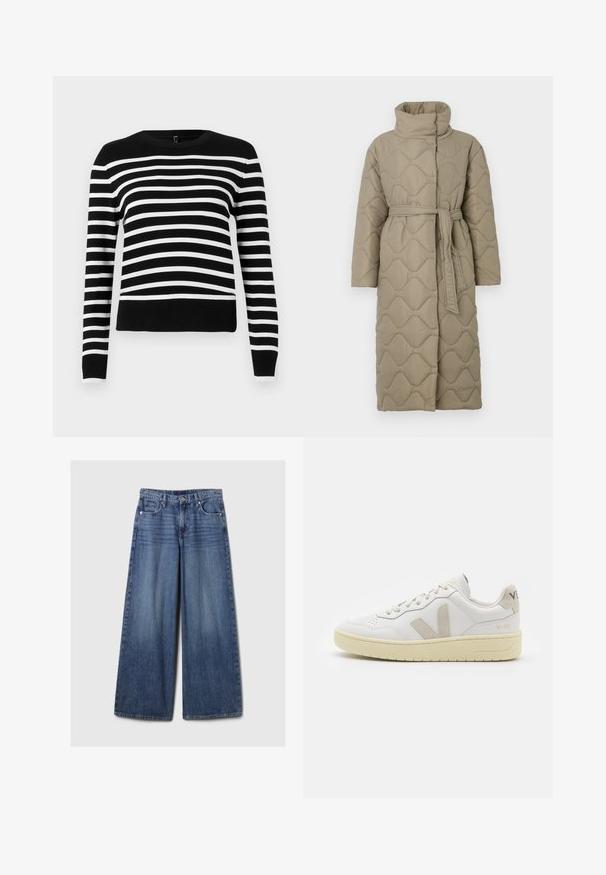 Long taupe quilted coat with high collar and matching fabric belt tied at the waist, featuring wave-pattern stitching throughout.; Black and white striped sweater with a round neck, long sleeves, and ribbed hem. Soft knit material, featuring alternating wide and narrow stripes.; Wide-leg blue denim jeans with a faded finish, featuring a button and zipper closure, five pockets, and belt loops.; White leather sneaker with beige suede accents, perforated toe box, flat laces, and a textured cream sole. Features subtle branding on heel.