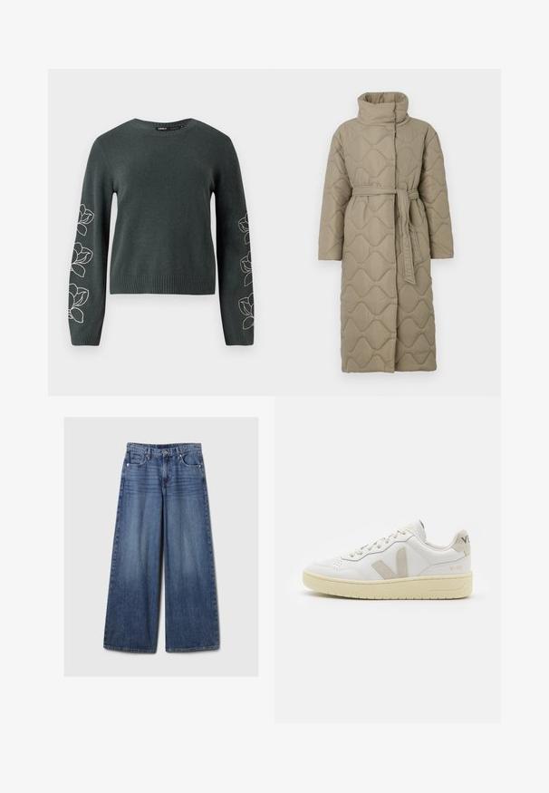 Hosszú taupe színű steppelt kabát magas gallérral és azonos anyagból készült övvel, amely a deréknál van megkötve, hullámmintás varrással az egész felületen.; Sötétzöld kötött pulóver hosszú ujjakkal, fehér hímzett virágmintákkal az ujjak mentén, bordás nyakkivágással és aljjal.; Széles lábú kék farmernadrág elhalványodott felülettel, gombos és cipzáras záródással, öt zsebbel és övhurkokkal.; Fehér bőr sneaker bézs velúr részletekkel, perforált orr résszel, lapos fűzőkkel és textúrált krémszínű talppal. Finom márkajelzés található a sarkán.