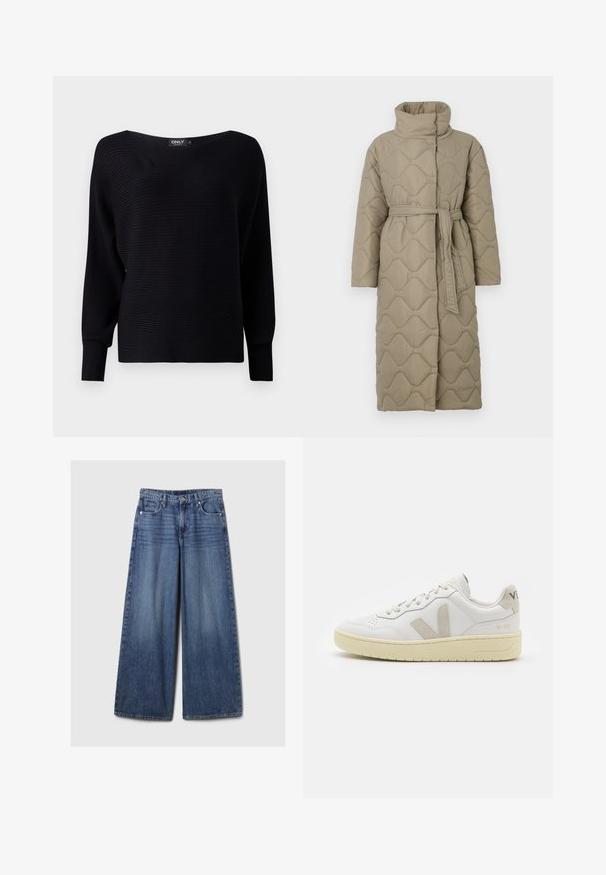 Pikk taupe värvi tikitud mantel kõrge kraega ja sobiva materjalist vööga, mis on seotud vöökohal, ning kogu ulatuses on lainelise mustriga tikand.; Must mustriba kudumüts, millel on lai kaelus, pikad varrukad ja avar lõige, koos tekstuuriga kangaga ja minimalismi stiiliga.; Laiad sinised denimpüksid, millel on pleekinud viimistlus, nupp ja lukuga sulgemine, viis taskut ning vööaasad.; Valge nahast tenniseking, millel on beežist siidist aktsent ja aukudega varvas, lame paelad ja tekstureeritud koorevärvi tallad. Omab nüansirikast brändimist kannal.