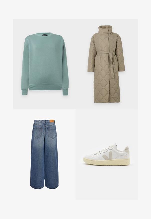 Dlhý taupe prešívaný kabát s vysokým golierom a opaskom z rovnakého materiálu viazaným v páse, so štepovaním vlnkového vzoru po celej ploche.; Mentolová mikina z jemného materiálu, s okrúhlym výstrihom, dlhými rukávmi so žebrovanými manžetami a uvoľneným strihom.; Džínové culottes s širokými nohavicami v stredne modrom opraní, so svetlovým vzhľadom, obsahujúcimi dve zadné vrecká a hnedú koženú brand značku na páse.; Biele kožené tenisky s béžovými semišovými akcentmi, perforovanou špičkou, plochými šnúrkami a textúrovanou krémovou podrážkou. Obsahujú jemné označenie na päte.
