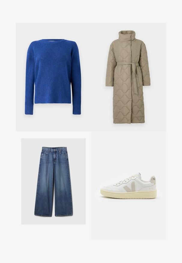 Garšs pelēkbrūns quiltēts mētelis ar augstu apkakli un atbilstošu auduma jostu, kas sasieta ap vidukli, ar viļņu raksta šuvēm visā virsmā.; Zils adīts džemperis ar apaļu dekoltē, garām piedurknēm un maigu tekstūru. Iezīmē nedaudz brīvu piegriezumu un ribotas piedurkņu aproces.; Platām kājām zila denima bikses ar izbalējušu apdari, ar pogu un rāvējslēdzēju, pieciem kabatām un jostu cilpām.; Baltas ādas sporta apavu pāris ar bēšiem zamša akcentiem, caurumiņu purngalā, plakanu šņorēšanu un teksturētu krēmkrāsas zoli. Iezīmējas ar diskrētu zīmolu uz papēža.