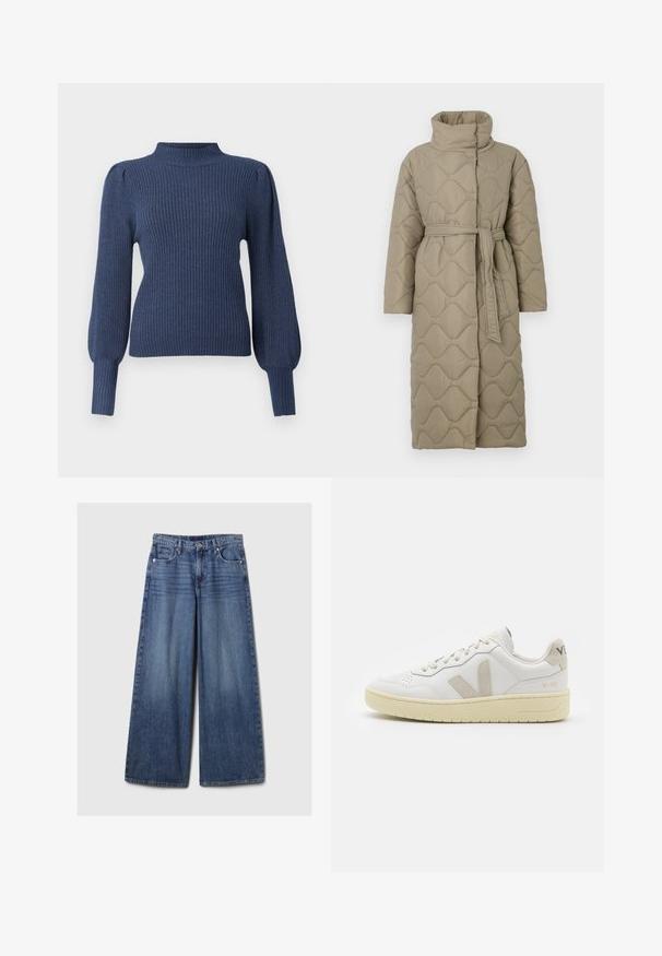 Dolga taupe puhovka s visokim ovratnikom in pasom iz iste tkanine, zavezanim na pasu, ki vsebuje šivane vzorce valov v celotni dolžini.; Mornarsko modra rebrasta puli majica z visokim ovratnikom, dolgimi puff rokavi in prilegajočim telesom. Narejena iz mehke, strukturirane tkanine.; Široke jeans hlače iz modrega denima z bledečim finišem, z gumbom in zadrgo, petimi žepi in zanko za pas.; Bela usnjena tenisača z bež semiš poudarki, perforiranim prednjim delom, ravnimi vezalkami in strukturiranim kremnim podplatom. Ima diskretno blagovno znamko na peti.