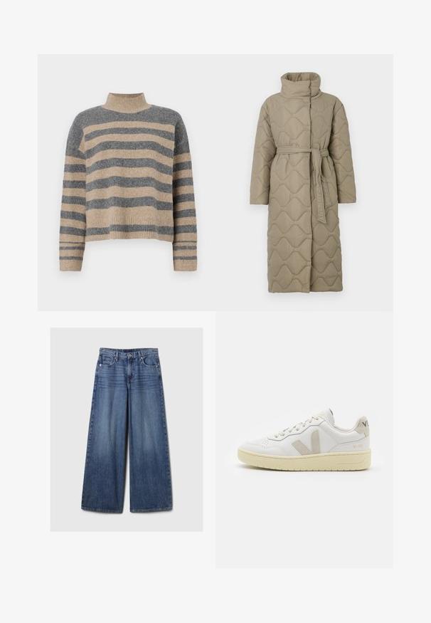 Garšs pelēkbrūns quiltēts mētelis ar augstu apkakli un atbilstošu auduma jostu, kas sasieta ap vidukli, ar viļņu raksta šuvēm visā virsmā.; Raitaināta džemperis ar pelēkajām un bežām krāsām, augstu apkakli, platām aprocēm un brīvu piegriezumu ar īsu dizainu.; Platām kājām zila denima bikses ar izbalējušu apdari, ar pogu un rāvējslēdzēju, pieciem kabatām un jostu cilpām.; Baltas ādas sporta apavu pāris ar bēšiem zamša akcentiem, caurumiņu purngalā, plakanu šņorēšanu un teksturētu krēmkrāsas zoli. Iezīmējas ar diskrētu zīmolu uz papēža.