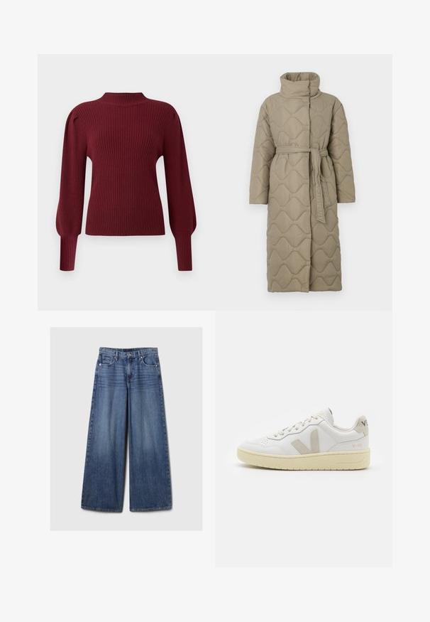 Manteau lung de culoare taupe, matlasat, cu guler înalt și curea din același material legată în talie, având o broderie în formă de valuri pe întreaga suprafață.; Pulover tricotat ribbit de culoare burgundy, cu guler înalt, mâneci lungi și bufante, și mansete strânse. Are o textură moale și un design structurat.; Blugi din denim albastru cu picioare largi, având un finisaj uzat, cu închidere prin buton și fermoar, cinci buzunare și curea.; Pantofii sport din piele albă cu accente din suede bej, cutie pentru degete perforată, șireturi plate și o talpă texturată de crem. Prezintă branding subtil pe călcâi.