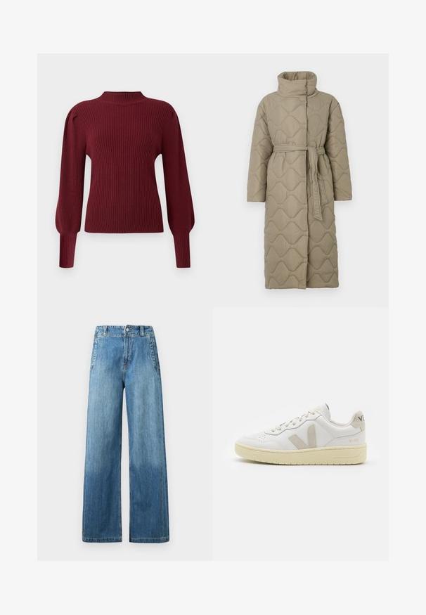Lange taupe gekwiltde jas met hoge kraag en bijpassende stoffen riem die om de taille is geknoopt, met golfpatroon stiksel over het geheel.; Bordeaux geribbelde gebreide trui met een hoge hals, lange puffmouwen en strakke manchetten. Kenmerkt zich door een zachte textuur en een gestructureerd design.; Lichtblauwe denim wijde jeans met een hoge taille, voorzien van twee frontzakken, riemlussen en een subtiele vervaagde textuur.; Witte leren sneaker met beige suède accenten, geperforeerde neus, platte veters en een gestructureerde crèmekleurige zool. Heeft subtiele branding op de hak.