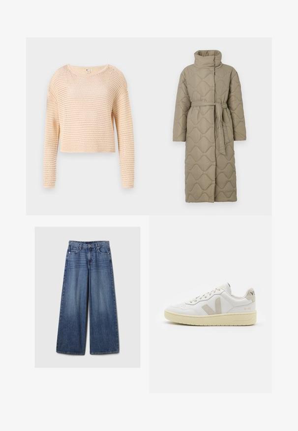 Manteau long en taupe matelassé avec col haut et ceinture en tissu assorti nouée à la taille, présentant des coutures en motif de vagues sur l'ensemble.; Pull court beige clair avec un motif en maille tricotée, manches longues, encolure ronde et ourlet côtelé. Tissu doux et texturé.; Jean en denim bleu à jambes larges avec une finition délavée, doté d'une fermeture à bouton et à glissière, de cinq poches et de passants de ceinture.; Baskets blanches en cuir avec des accents en daim beige, boîte à orteils perforée, lacets plats et semelle texturée crème. Présente un logo discret au talon.