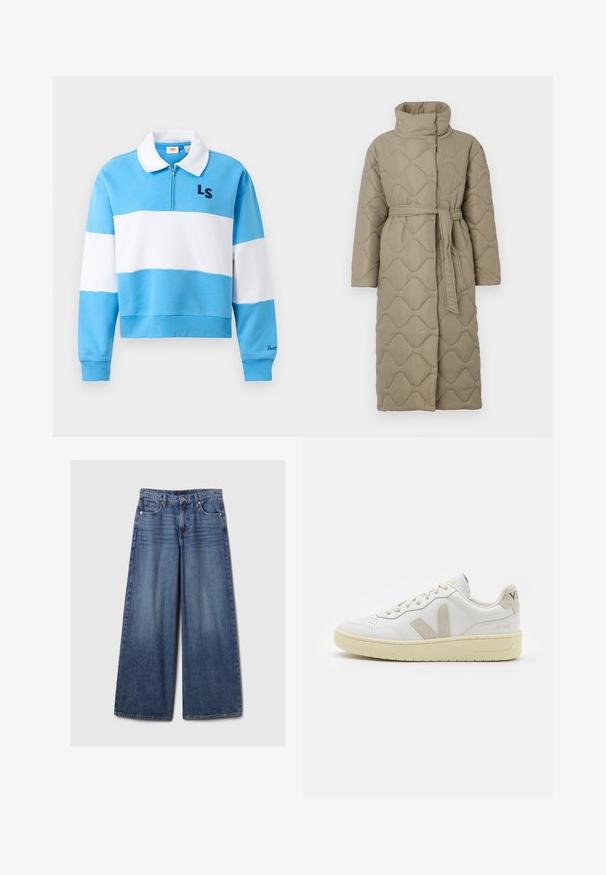 Cappotto lungo color taupe trapuntato con alto colletto e cintura in tessuto abbinato legata in vita, caratterizzato da cuciture a motivo ondulato in tutto il capo.; Pullover a maniche lunghe colorato in blocchi blu e bianco con colletto bianco, zip frontale, "LS" sul petto e "Levi's" sul polsino sinistro.; Jeans in denim blu a gamba larga con una finitura sbiadita, dotati di chiusura a bottone e zip, cinque tasche e passanti per cintura.; Sneaker in pelle bianca con dettagli in suede beige, punta perforata, lacci piatti e suola testurizzata color crema. Presenta un logo discreto sul tallone.