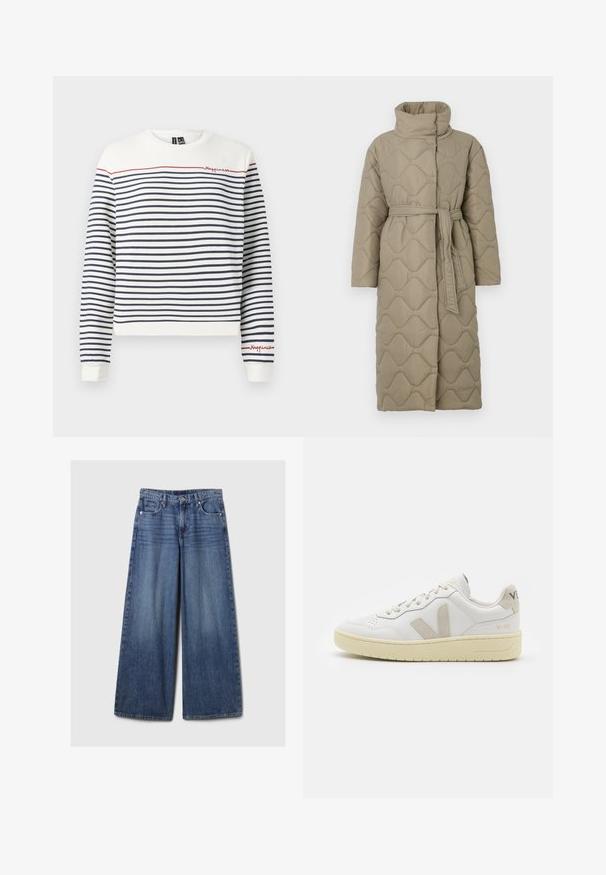 Garšs pelēkbrūns quiltēts mētelis ar augstu apkakli un atbilstošu auduma jostu, kas sasieta ap vidukli, ar viļņu raksta šuvēm visā virsmā.; Balts un tumši zils svītrains džemperis ar sarkanu izšuvumu, kurā ir uzraksts "Laime". Iespējas: apaļš kakla izgriezums un ribbētas aproces. Mīksts kokvilnas materiāls.; Platām kājām zila denima bikses ar izbalējušu apdari, ar pogu un rāvējslēdzēju, pieciem kabatām un jostu cilpām.; Baltas ādas sporta apavu pāris ar bēšiem zamša akcentiem, caurumiņu purngalā, plakanu šņorēšanu un teksturētu krēmkrāsas zoli. Iezīmējas ar diskrētu zīmolu uz papēža.