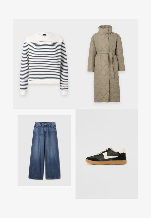 Long taupe quilted coat with high collar and matching fabric belt tied at the waist, featuring wave-pattern stitching throughout.; White and navy striped sweatshirt with red embroidery reading "Happiness". Features a round neckline and ribbed cuffs. Soft cotton material.; Wide-leg blue denim jeans with a faded finish, featuring a button and zipper closure, five pockets, and belt loops.; Black suede and leather sneaker with a cream side swoosh and light cream heel. Features beige laces and a gum rubber outsole.
