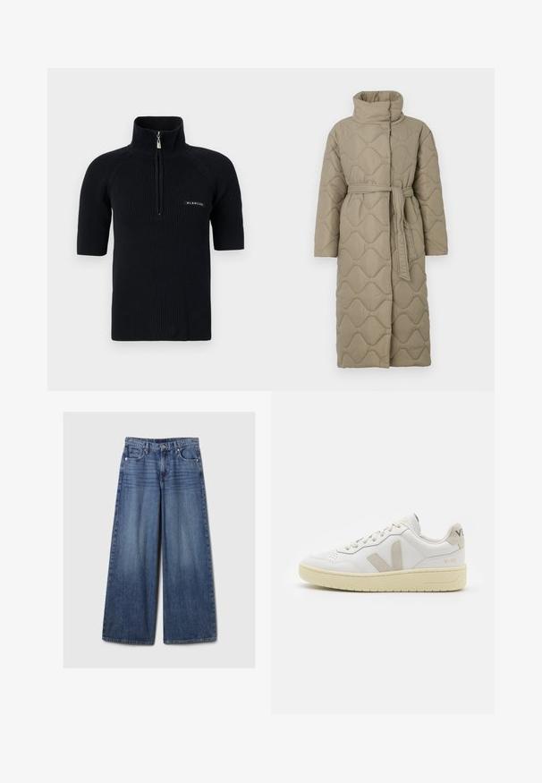 Dolga taupe puhovka s visokim ovratnikom in pasom iz iste tkanine, zavezanim na pasu, ki vsebuje šivane vzorce valov v celotni dolžini.; Črn kratkop gola pletena majica s kratkimi rokavi, visokim ovratnikom in delnim zadrgo. Na spodnji levi strani ima logotip.; Široke jeans hlače iz modrega denima z bledečim finišem, z gumbom in zadrgo, petimi žepi in zanko za pas.; Bela usnjena tenisača z bež semiš poudarki, perforiranim prednjim delom, ravnimi vezalkami in strukturiranim kremnim podplatom. Ima diskretno blagovno znamko na peti.