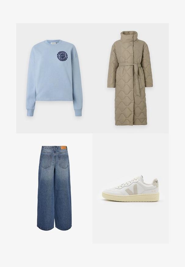 Langer taubefarbener gesteppter Mantel mit hohem Kragen und passendem Stoffgürtel, der in der Taille gebunden ist, mit Wellenmuster-Steppung. ; Hellblaue Baumwoll-Sweatshirt mit langen Ärmeln und Rundhalsausschnitt. Mit einem navy-farbenen, kreisförmigen Grafikdesign auf der linken Brust. Weicher Stoff.; Weite Denim-Culottes in mittlerem Blauton mit einer ausgewaschenen Textur, ausgestattet mit zwei Gesäßtaschen und einem braunen Leder-Logoschild am Bund.; Weiße Ledersneaker mit beigen Wildlederakzenten, perforierte Zehenbox, flache Schnürsenkel und eine strukturierte cremefarbene Sohle. Mit dezentem Branding an der Ferse.