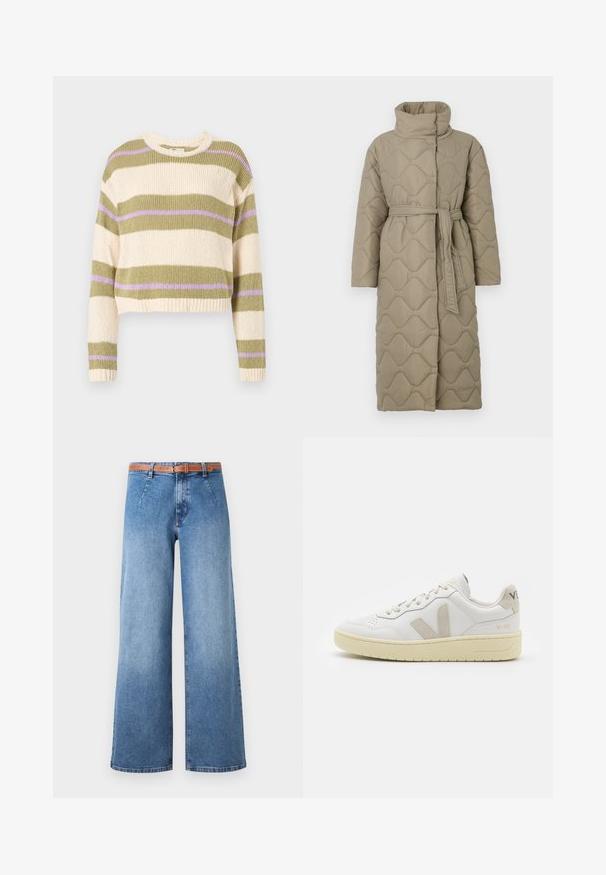 Long taupe quilted coat with high collar and matching fabric belt tied at the waist, featuring wave-pattern stitching throughout.; Sweater with a crew neck, featuring alternating stripes in cream, olive green, and lavender. Knitted texture, cropped length, and ribbed cuffs.; Wide-leg blue denim jeans with a light wash, featuring a brown belt, front pockets, and a classic five-pocket design.; White leather sneaker with beige suede accents, perforated toe box, flat laces, and a textured cream sole. Features subtle branding on heel.