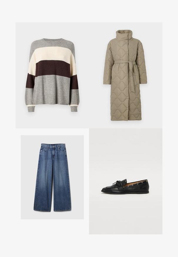 Ilgas taupe spalvos siuvinėtas paltas su aukštu apykakle ir derančiu audinio diržu, suvytu juosmenyje, su banguotu raštu siuvinėjimu visame paviršiuje.; Pirkta megzta megztinis pilkos, kreminės ir burgundinės juostelės. Yra gumelės tekstūra, apvaliu kaklu ir ilgomis rankovėmis su rankogalių detalėmis.; Platus mėlynos džinsinės kelnės su išblukusiu paviršiumi, su mygtukų ir užtrauktuko uždarymu, penkiomis kišenėmis ir diržo kilpomis.; Juodi odiniai loafai su surišta mazgeliu, su auksinėmis akytėmis šoninėse dalyse ir plokščiu guminiu padu. Lygus paviršius, klasikinis dizainas.