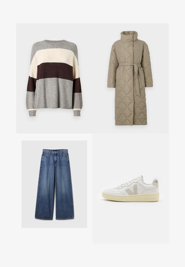 Dolga taupe puhovka s visokim ovratnikom in pasom iz iste tkanine, zavezanim na pasu, ki vsebuje šivane vzorce valov v celotni dolžini.; Pleteno pulover v sivi, kremni in burgundski črti. Ima rebrasto teksturo, okroglo ovratnico in dolge rokave z detajli na manšetah.; Široke jeans hlače iz modrega denima z bledečim finišem, z gumbom in zadrgo, petimi žepi in zanko za pas.; Bela usnjena tenisača z bež semiš poudarki, perforiranim prednjim delom, ravnimi vezalkami in strukturiranim kremnim podplatom. Ima diskretno blagovno znamko na peti.