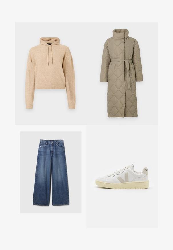 Pikk taupe värvi tikitud mantel kõrge kraega ja sobiva materjalist vööga, mis on seotud vöökohal, ning kogu ulatuses on lainelise mustriga tikand.; Beež krobitud kudumisega kapuutsiga sviiter, millel on pikad varrukad ja nöör, esitleb valgel taustal.; Laiad sinised denimpüksid, millel on pleekinud viimistlus, nupp ja lukuga sulgemine, viis taskut ning vööaasad.; Valge nahast tenniseking, millel on beežist siidist aktsent ja aukudega varvas, lame paelad ja tekstureeritud koorevärvi tallad. Omab nüansirikast brändimist kannal.