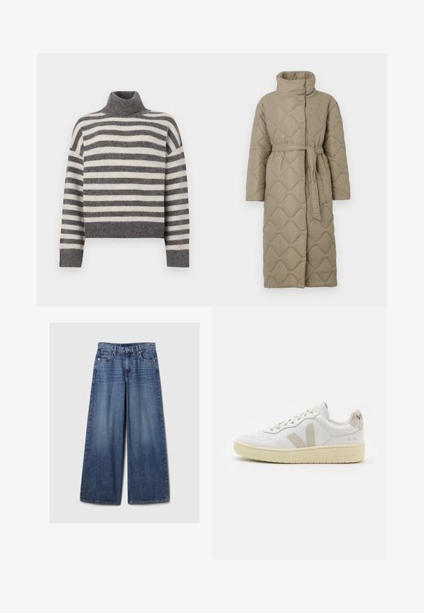Long taupe quilted coat with high collar and matching fabric belt tied at the waist, featuring wave-pattern stitching throughout.; Striped turtleneck sweater in grey and cream. Soft material with a relaxed fit, featuring ribbed details at the collar and hem.; Wide-leg blue denim jeans with a faded finish, featuring a button and zipper closure, five pockets, and belt loops.; White leather sneaker with beige suede accents, perforated toe box, flat laces, and a textured cream sole. Features subtle branding on heel.