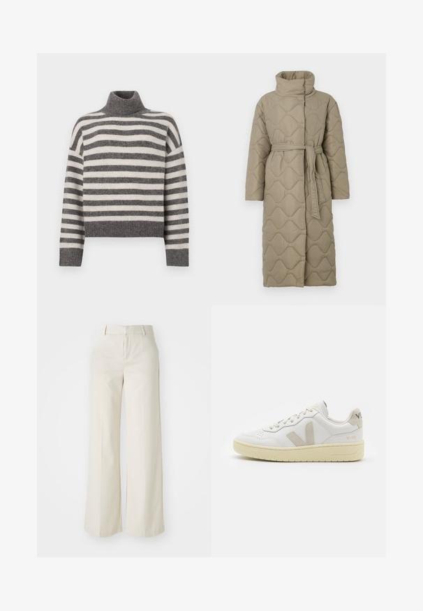 Dugi taupe kaput s kvadrama s visokim ovratnikom i remenom od istog materijala zavezanim u struku, s valovitim uzorkom šivanja kroz cijelu površinu.; Prugasta rolka u sivoj i krem nijansi. Mekan materijal s ležernim krojem, featuring rebraste detalje na ovratniku i rubu.; Hlače širokih nogavica u svijetloj bež boji, izrađene od glatke tkanine. Imaju klasičnu elastičnu traku u struku i ravni prednji dio s čistim linijama.; Bijele kožne tenisice s bež nubuk naglascima, perforiranim prednjim dijelom, ravnim čipkama i teksturiranom kremastom potplatom. Sadrži suptilni brend na pete.