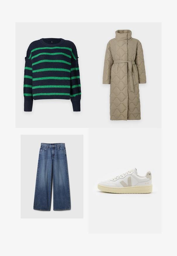 Pikk taupe värvi tikitud mantel kõrge kraega ja sobiva materjalist vööga, mis on seotud vöökohal, ning kogu ulatuses on lainelise mustriga tikand.; Tumesinist sinine kootud kampsun roheline horisontaalsete triipudega ja soonikuvarrukatega, ümar kaelus ja veidi vabam lõige.; Laiad sinised denimpüksid, millel on pleekinud viimistlus, nupp ja lukuga sulgemine, viis taskut ning vööaasad.; Valge nahast tenniseking, millel on beežist siidist aktsent ja aukudega varvas, lame paelad ja tekstureeritud koorevärvi tallad. Omab nüansirikast brändimist kannal.