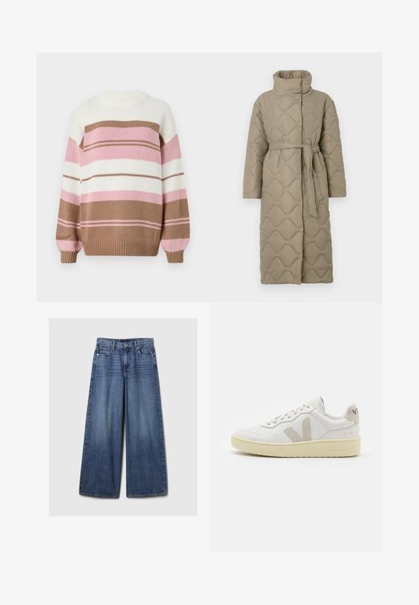 Hosszú taupe színű steppelt kabát magas gallérral és azonos anyagból készült övvel, amely a deréknál van megkötve, hullámmintás varrással az egész felületen.; Kerek nyakú kötött pulóver, bézs, fehér, rózsaszín és világos rózsaszín vízszintes csíkokkal. Bordás mandzsettákkal és szegéllyel.; Széles lábú kék farmernadrág elhalványodott felülettel, gombos és cipzáras záródással, öt zsebbel és övhurkokkal.; Fehér bőr sneaker bézs velúr részletekkel, perforált orr résszel, lapos fűzőkkel és textúrált krémszínű talppal. Finom márkajelzés található a sarkán.