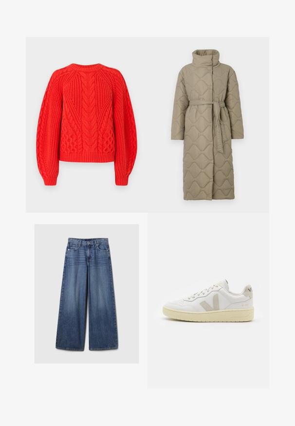 Casaco longo em taupe, acolchoado, com gola alta e cinto de tecido a condizer atado à cintura, apresentando um acolchoado em padrão de ondas por toda a parte.; Sweater de malha vermelha com padrões texturizados, decote redondo e bainha canelada. Projetado com mangas longas e ligeiramente bufantes.; Calças de ganga azul de perna larga com um acabamento desbotado, apresentando um fecho de botão e zipper, cinco bolsos e passantes para cinto.; Sapatilha de couro branca com detalhes em camurça bege, biqueira perfurada, atacadores planos e sola texturizada creme. Apresenta uma marcação subtil no calcanhar.
