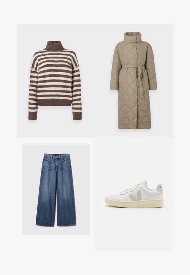 Manteau lung de culoare taupe, matlasat, cu guler înalt și curea din același material legată în talie, având o broderie în formă de valuri pe întreaga suprafață.; Pulover cu guler înalt, dungat, de culoare maronie și crem, realizat dintr-un material moale. Prezintă un decolteu ribatat și umeri larghi, căzuți.; Blugi din denim albastru cu picioare largi, având un finisaj uzat, cu închidere prin buton și fermoar, cinci buzunare și curea.; Pantofii sport din piele albă cu accente din suede bej, cutie pentru degete perforată, șireturi plate și o talpă texturată de crem. Prezintă branding subtil pe călcâi.