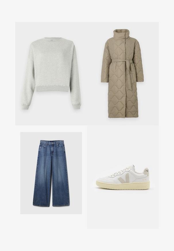 Casaco longo em taupe, acolchoado, com gola alta e cinto de tecido a condizer atado à cintura, apresentando um acolchoado em padrão de ondas por toda a parte.; Sweatshirt cinza feito de um tecido macio e texturizado. Apresenta um decote redondo, mangas longas e uma bainha curta. Design simples, sem padrões ou detalhes.; Calças de ganga azul de perna larga com um acabamento desbotado, apresentando um fecho de botão e zipper, cinco bolsos e passantes para cinto.; Sapatilha de couro branca com detalhes em camurça bege, biqueira perfurada, atacadores planos e sola texturizada creme. Apresenta uma marcação subtil no calcanhar.
