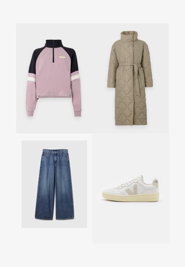 Pitkä taupe-värinen tikattu takki, jossa on korkea kaulus ja samaa kangasta oleva vyö solmittuna vyötärölle. Takissa on aallokkomuotoista tikkausta koko matkalta.; Violetti lyhyt pulloveri, jossa on musta kaulus ja hiuskoristukset. Varustettu puolivetoketjulla ja kultaisella Roxy-logolla rinnassa. Pehmeä rakenne.; Vaaleansiniset, leveälahkeiset farkut, joissa on haalistunut viimeistely. Ne sisältävät napin ja vetskarin, viisi taskua sekä vyölenkit.; Valkoiset nahkakengät, joissa on vaaleanruskeat pigmenttisuojat, rei'itetty kärki, litteät nauhat ja teksturoitu kermaisa pohja. Takana on huomaamaton brändäys.