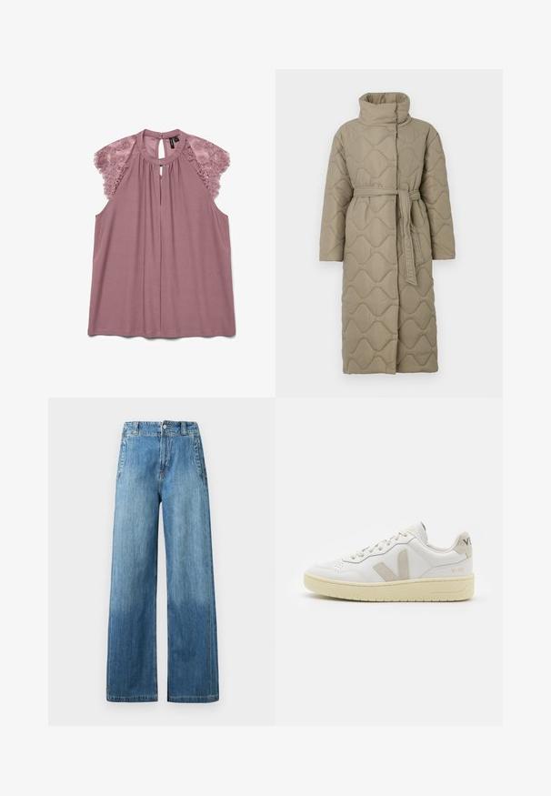 Cappotto lungo color taupe trapuntato con alto colletto e cintura in tessuto abbinato legata in vita, caratterizzato da cuciture a motivo ondulato in tutto il capo.; Blusa viola con dettagli in pizzo sulle spalle, scollatura rotonda e apertura a goccia sul retro. Realizzata in tessuto morbido e liscio con una vestibilità comoda.; Jeans a gamba larga in denim azzurro chiaro con vita alta, dotati di due tasche frontali, passanti per cintura e una leggera texture sbiadita.; Sneaker in pelle bianca con dettagli in suede beige, punta perforata, lacci piatti e suola testurizzata color crema. Presenta un logo discreto sul tallone.