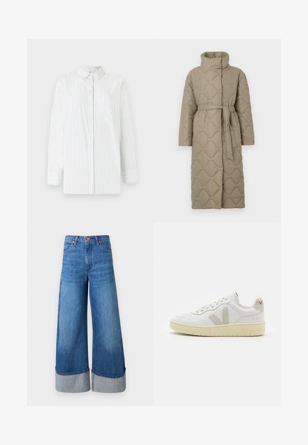 Long taupe quilted coat with high collar and matching fabric belt tied at the waist, featuring wave-pattern stitching throughout.; White long-sleeve shirt with light blue vertical stripes. Features a pointed collar, front pocket, and button-up closure. Smooth texture.; Wide-leg denim jeans in medium blue. Features a high waist, cuffed hems in lighter denim, and classic five-pocket design with metal accents.; White leather sneaker with beige suede accents, perforated toe box, flat laces, and a textured cream sole. Features subtle branding on heel.