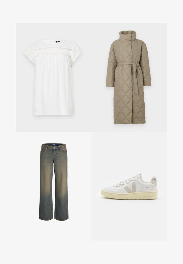 Langer taubefarbener gesteppter Mantel mit hohem Kragen und passendem Stoffgürtel, der in der Taille gebunden ist, mit Wellenmuster-Steppung. ; Weiße Kurzarmbluse mit Rundhalsausschnitt, Raffung und dekorativen Spitzen auf der Vorderseite sowie einem gewellten Saum.; Breite blaue Denim-Jeans mit einem hellen zu dunklem Farbverlauf, Fünf-Taschen-Design und Knopfverschluss. Gestickte Details an den Kanten.; Weiße Ledersneaker mit beigen Wildlederakzenten, perforierte Zehenbox, flache Schnürsenkel und eine strukturierte cremefarbene Sohle. Mit dezentem Branding an der Ferse.