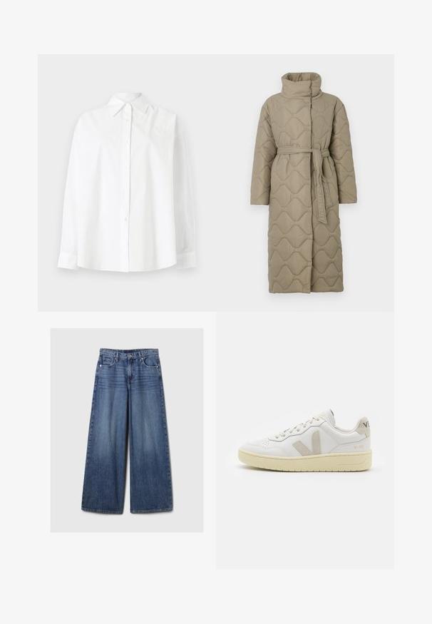 Hosszú taupe színű steppelt kabát magas gallérral és azonos anyagból készült övvel, amely a deréknál van megkötve, hullámmintás varrással az egész felületen.; Fehér gombos ing pamutból, klasszikus gallérral, hosszú ujjal, a bal felső részen diszkrét szívhímzéssel.; Széles lábú kék farmernadrág elhalványodott felülettel, gombos és cipzáras záródással, öt zsebbel és övhurkokkal.; Fehér bőr sneaker bézs velúr részletekkel, perforált orr résszel, lapos fűzőkkel és textúrált krémszínű talppal. Finom márkajelzés található a sarkán.