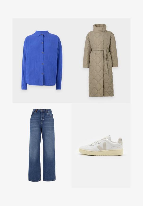 Lång taupe-färgad vadderad kappa med hög krage och matchande tygskärp knutet i midjan, med en vågmönstrad sömnad genom hela plagget.; Blå skjorta med knappar i ett texturerat tyg, krage, långa ärmar och fem bruna knappar framtill. Rundad nederkant.; Vida byxor i denim med breda ben gjorda av medeltungt blått bomullstyg. Funktioner en klassisk femfickorsdesign och en dragkedja med knappstängning.; Vita lädersneakers med beige mockadetaljer, perforerad tåbox, platta snören och en texturerad krämfärgad sula. Har diskret varumärkning på hälen.