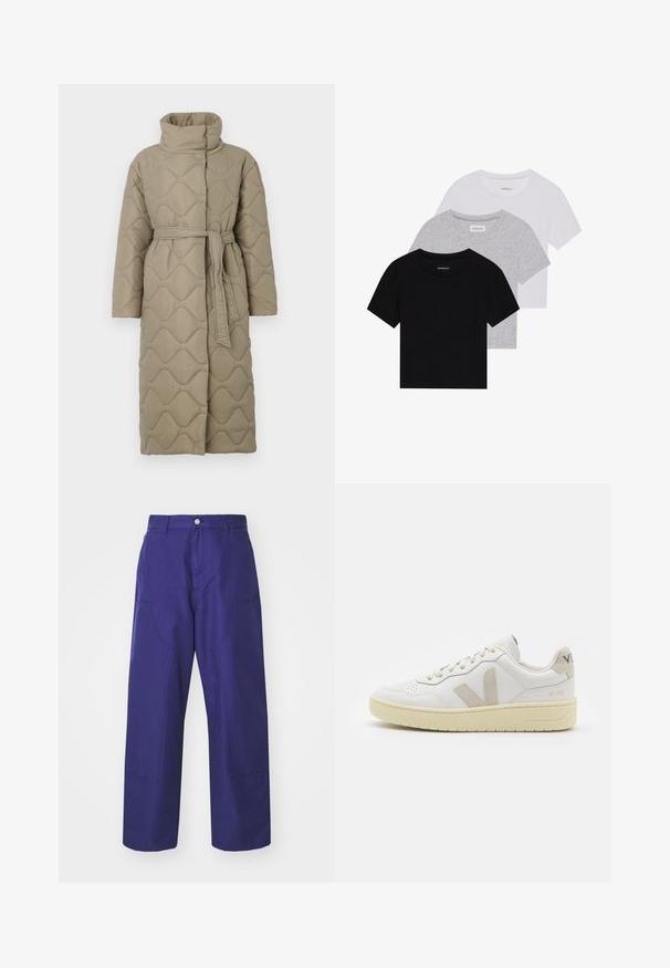 Dolga taupe puhovka s visokim ovratnikom in pasom iz iste tkanine, zavezanim na pasu, ki vsebuje šivane vzorce valov v celotni dolžini.; Komplet treh majic s kratkimi rokavi v črni, sivi in beli barvi. Izdelane iz bombaža, z okroglim izrezom in preprostim, enobarvnim dizajnom.; Carhartt WIP BRANDON DOUBLE KNEE PANT - Hlačami s stranskimi žepi - aura rinsed; Bela usnjena tenisača z bež semiš poudarki, perforiranim prednjim delom, ravnimi vezalkami in strukturiranim kremnim podplatom. Ima diskretno blagovno znamko na peti.