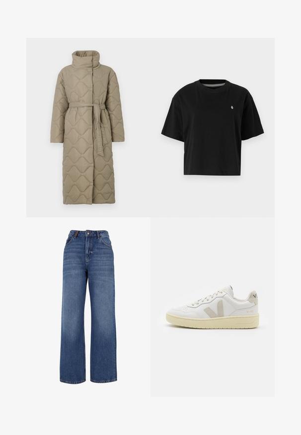 Μακρύ καφέ παλτό με ραφές σε σχέδιο κύματος και ψηλό γιακά, που διαθέτει ζώνη από το ίδιο ύφασμα δεμένη στη μέση.; Μαύρο κοντό t-shirt από βαμβάκι, με κοντά μανίκια, στρογγυλή λαιμόκοψη και μικρό λευκό λογότυπο στην αριστερή πλευρά του στήθους.; Φαρδιά τζιν παντελόνια από μεσαίου βάρους μπλε βαμβακερό ύφασμα. Διαθέτουν κλασικό σχέδιο πέντε τσεπών και φερμουάρ με κουμπί για κλείσιμο.; Λευκά δερμάτινα αθλητικά παπούτσια με μπεζ σουέτ λεπτομέρειες, διάτρητο μπροστινό μέρος, επίπεδα κορδόνια και υφασμάτινη κρεμ σόλα. Διαθέτει διακριτική επωνυμία στη φτέρνα.