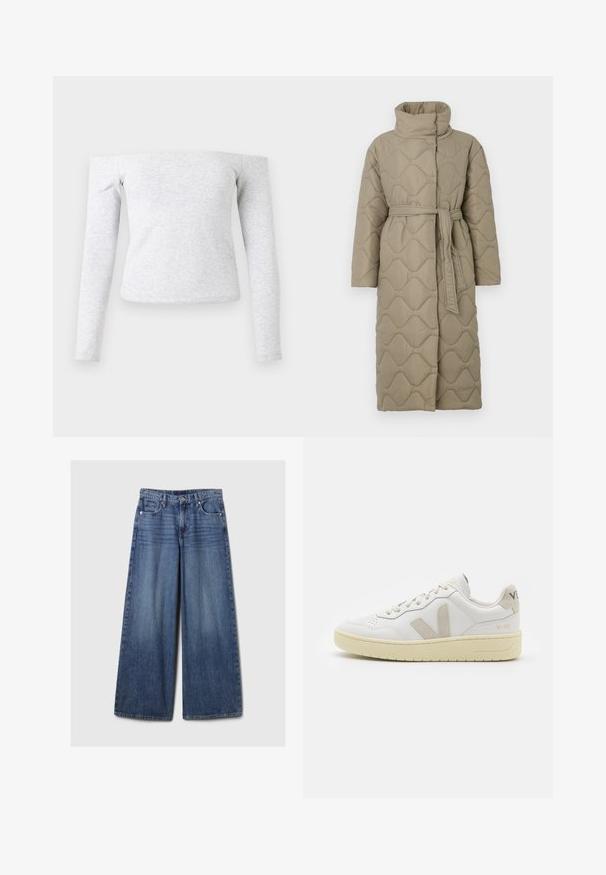 Manteau lung de culoare taupe, matlasat, cu guler înalt și curea din același material legată în talie, având o broderie în formă de valuri pe întreaga suprafață.; Cămașă lungă cu mâneci lungi, gri deschis, mulată, cu decolteu pe umeri. Confecționată dintr-un material moale, elastic, cu textură netedă.; Blugi din denim albastru cu picioare largi, având un finisaj uzat, cu închidere prin buton și fermoar, cinci buzunare și curea.; Pantofii sport din piele albă cu accente din suede bej, cutie pentru degete perforată, șireturi plate și o talpă texturată de crem. Prezintă branding subtil pe călcâi.