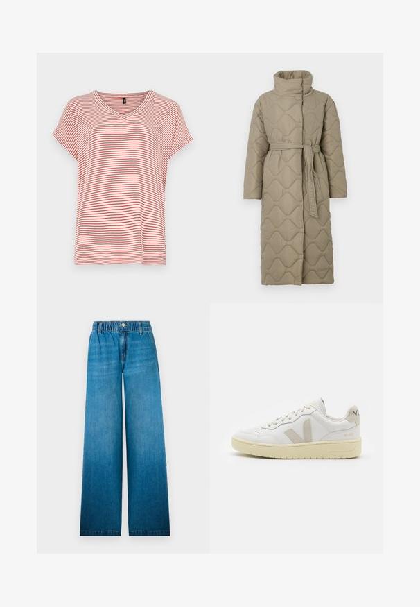 Langer taubefarbener gesteppter Mantel mit hohem Kragen und passendem Stoffgürtel, der in der Taille gebunden ist, mit Wellenmuster-Steppung. ; Rot und weiß gestreiftes kurzärmliges V-Ausschnitt-T-Shirt mit lockerer Passform und weichem Stoff. Gleichmäßig verteilte Streifen im gesamten Design.; Weit geschnittene Jeans aus hellblauem Denim, mit einem elastischen Bund, einem Knopfverschluss und einem geraden Schnittdesign mit ausgeblichenem Effekt.; Weiße Ledersneaker mit beigen Wildlederakzenten, perforierte Zehenbox, flache Schnürsenkel und eine strukturierte cremefarbene Sohle. Mit dezentem Branding an der Ferse.