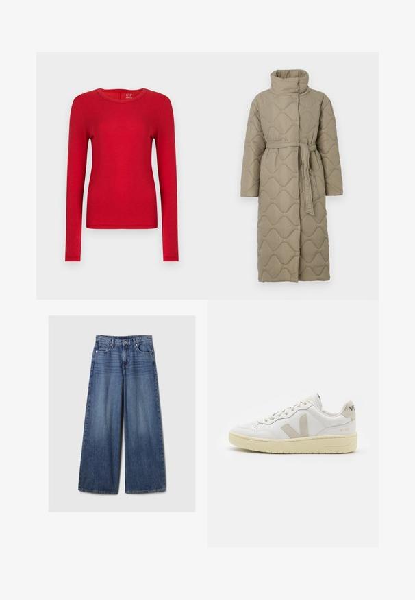 Dugi taupe kaput s kvadrama s visokim ovratnikom i remenom od istog materijala zavezanim u struku, s valovitim uzorkom šivanja kroz cijelu površinu.; Crvena majica dugih rukava od mekog pamuka, s okruglim izrezom i uskim krojem. Glatka tekstura bez uzoraka ili ukrasa.; Široke plave traperice s izblijedjelim finišom, s kopčanjem na gumb i patentni zatvarač, pet džepova i petljama za remen.; Bijele kožne tenisice s bež nubuk naglascima, perforiranim prednjim dijelom, ravnim čipkama i teksturiranom kremastom potplatom. Sadrži suptilni brend na pete.
