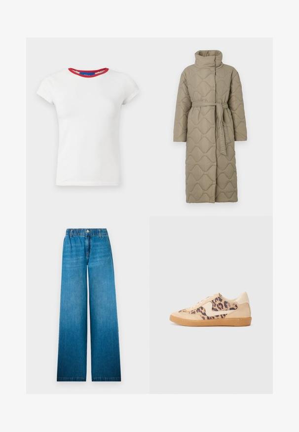 Dlhý taupe prešívaný kabát s vysokým golierom a opaskom z rovnakého materiálu viazaným v páse, so štepovaním vlnkového vzoru po celej ploche.; Biele tričko s krátkym rukávom a červeným ribbed golierom. Mäkko z látky z bavlny, priliehavý strih a rovný lem.; Džínsy s širokými nohavicami vyrobené z svetlomodrého denimu, s elastickým pásom, zapínaním na gombík a rovnou strihovou konštrukciou s vybledlým efektom.; Tenisky s leopardím vzorom, s béžovým semišovým zvrškom, svetlohnedou gumovou podrážkou a bielymi akcentmi. Okrúhla špička a šnurovací dizajn s textúrovaným povrchom.