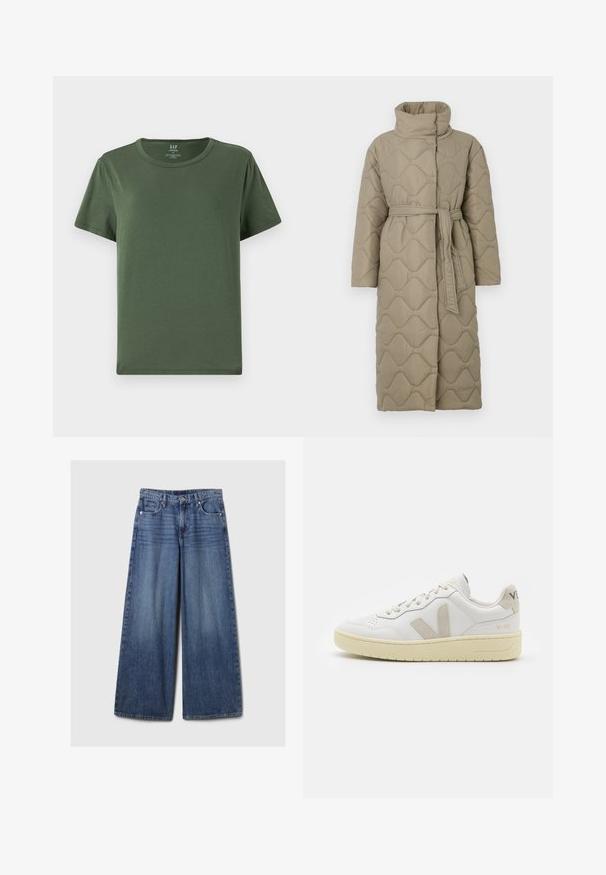 Long taupe quilted coat with high collar and matching fabric belt tied at the waist, featuring wave-pattern stitching throughout.; Green cotton t-shirt with short sleeves, crew neck, and a relaxed fit. Features a straight hem and minimalistic design.; Wide-leg blue denim jeans with a faded finish, featuring a button and zipper closure, five pockets, and belt loops.; White leather sneaker with beige suede accents, perforated toe box, flat laces, and a textured cream sole. Features subtle branding on heel.