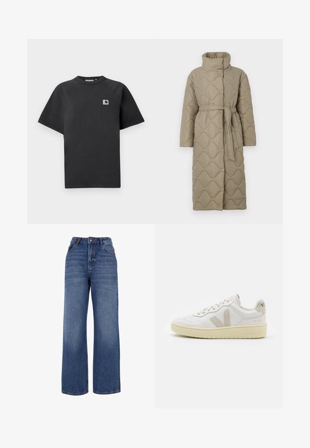 Dlouhý taupe prošívaný kabát s vysokým límcem a opaskem ze stejného materiálu svázaným v pase, se vzorem vlnkového šití po celém povrchu.; Černé bavlněné tričko s kulatým výstřihem, krátkými rukávy a obdélníkovou nášivkou loga na levé straně hrudi.; Džínové kalhoty s širokými nohavicemi vyrobené z modré středně těžké bavlněné látky. Mají klasický design s pěti kapsami a zip s knoflíkovým zapínáním.; Bílé kožené tenisky s béžovými semišovými akcenty, perforovanou špičkou, plochými tkaničkami a strukturovanou krémovou podešví. Obsahují jemné logo na patě.