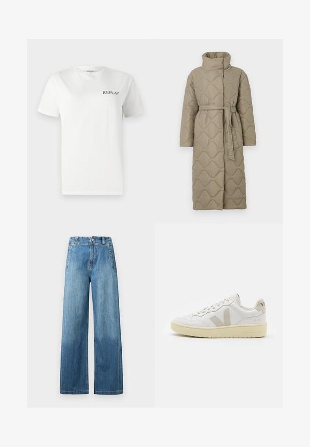 Ilgas taupe spalvos siuvinėtas paltas su aukštu apykakle ir derančiu audinio diržu, suvytu juosmenyje, su banguotu raštu siuvinėjimu visame paviršiuje.; Balta medvilninė marškinėliai su trumpomis rankovėmis, apvaliu iškirpimu, su mažu juodu "REPLAY" logotipu kairėje krūtinės pusėje. Lygus paviršius.; Šviesiai mėlynos džinsinės plačios kojos kelnės su aukštu liemeniu, turinčios dvi priekinės kišenes, diržo kilpos ir subtilų nusidėvėjimo efektą.; Balti odiniai sportbačiai su kreminiais zomšos akcentais, perforuota pirštų dalimi, plokščiomis raišteliais ir struktūruota kreminėmis padomis. Ant kulno yra subtilus ženklinimas.