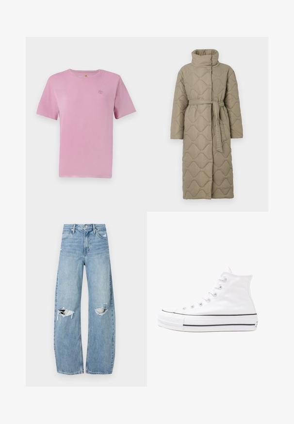 Casaco longo em taupe, acolchoado, com gola alta e cinto de tecido a condizer atado à cintura, apresentando um acolchoado em padrão de ondas por toda a parte.; Camiseta de algodão cor-de-rosa de manga curta, com um pequeno logótipo bordado no peito. Textura suave e design clássico de gola redonda.; Jeans de lavagem clara, de cintura alta, feitos de denim. Apresentam pernas largas, duas áreas rasgadas nos joelhos e o estilo clássico de cinco bolsos.; Sapatilha alta de tela branca com sola de borracha preta, bico de borracha na frente e seis ilhós para os atacadores, apresentando um design limpo e minimalista.