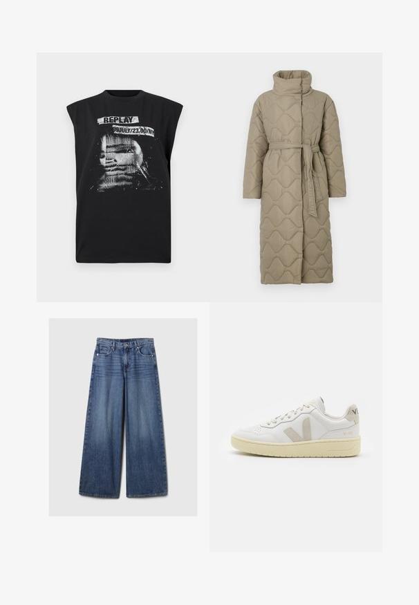 Abrigo largo en tono topo, acolchado, con cuello alto y cinturón de tela a juego atado en la cintura, que presenta un diseño de costura en patrón de olas en toda su superficie.; Replay Top - blackboard; Jeans de mezclilla azul de pierna ancha con un acabado desgastado, que cuentan con un cierre de botón y cremallera, cinco bolsillos y cinturas.; Zapatilla de piel blanca con acentos de ante beige, caja de puntera perforada, cordones planos y suela texturizada en color crema. Cuenta con un branding sutil en el talón.