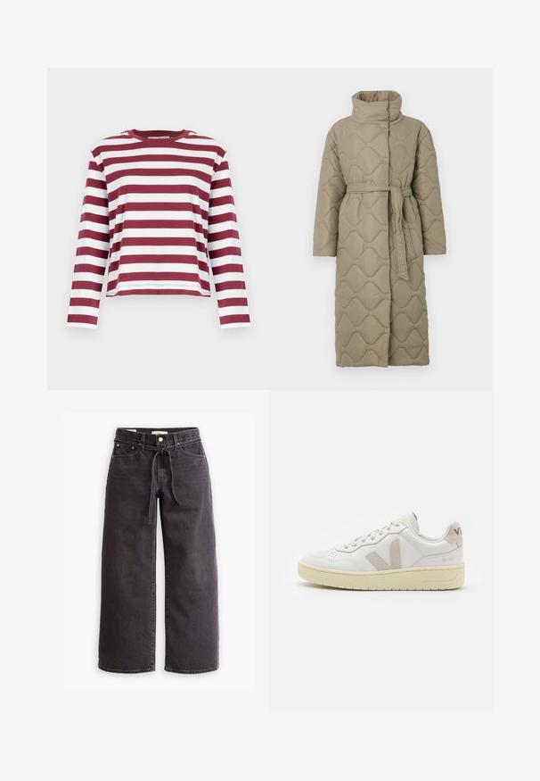 Long taupe quilted coat with high collar and matching fabric belt tied at the waist, featuring wave-pattern stitching throughout.; Selected Femme SLFESSENTIAL BOXY TEE - Long sleeved top - zinfandel; Black wide-leg jeans made of denim, featuring a drawstring waist, five pockets, and contrast stitching details. Flat-front design.; White leather sneaker with beige suede accents, perforated toe box, flat laces, and a textured cream sole. Features subtle branding on heel.