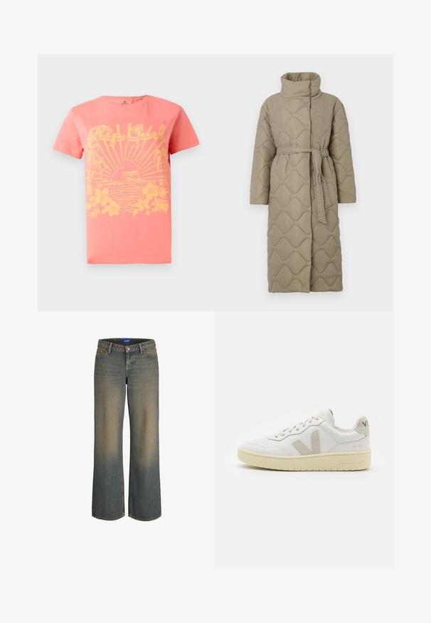 Long taupe quilted coat with high collar and matching fabric belt tied at the waist, featuring wave-pattern stitching throughout.; Coral short-sleeve t-shirt featuring a yellow graphic design with sun, waves, and floral elements. Made from cotton. Classic fit.; Wide-leg blue denim jeans with a light to dark gradient, five-pocket design, and a button-fly closure. Stitched detailing on edges.; White leather sneaker with beige suede accents, perforated toe box, flat laces, and a textured cream sole. Features subtle branding on heel.