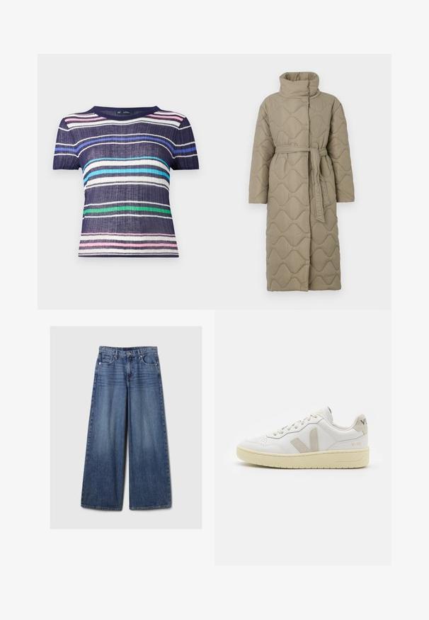 Long taupe quilted coat with high collar and matching fabric belt tied at the waist, featuring wave-pattern stitching throughout.; Short-sleeve, striped shirt featuring navy, pink, light blue, green, and white lines. Made of textured fabric with a crew neckline.; Wide-leg blue denim jeans with a faded finish, featuring a button and zipper closure, five pockets, and belt loops.; White leather sneaker with beige suede accents, perforated toe box, flat laces, and a textured cream sole. Features subtle branding on heel.